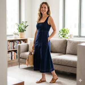 Old Navy Women's M Denim Midi Dress Dark Wash Sleeveless Square Neck Preppy NEW